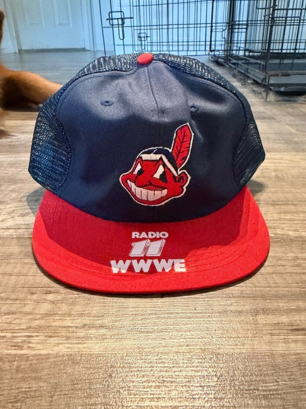 Vintage Cleveland Indians Chief Wahoo Mesh Snapback Hat Radio 11 WWWE Red & Navy
